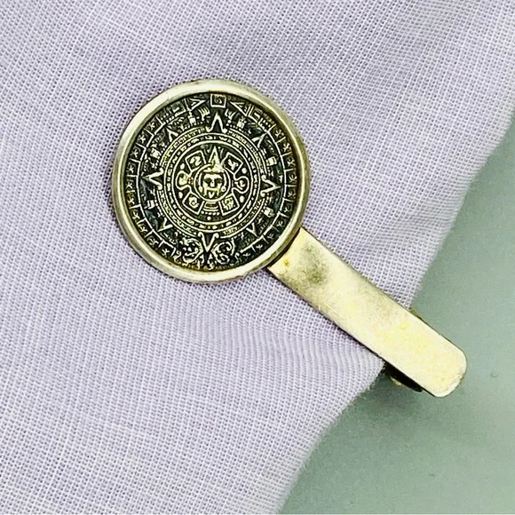 Vintage Sterling Silver Aztec Mayan Sun Calendar Tie Clip 925 - Picture 4 of 13